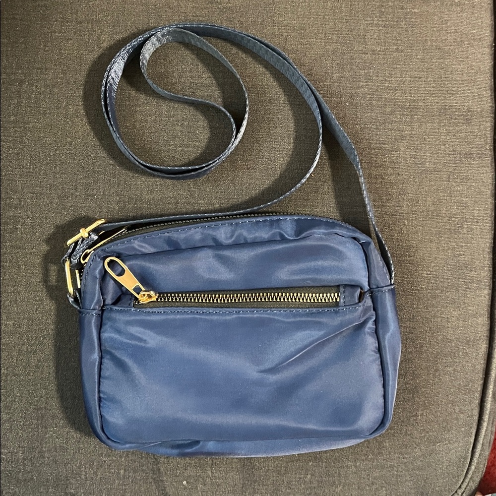 2 Piece Satin Navy Backpack and Crossbody with Gold Accents. - Picture 4 of 5
